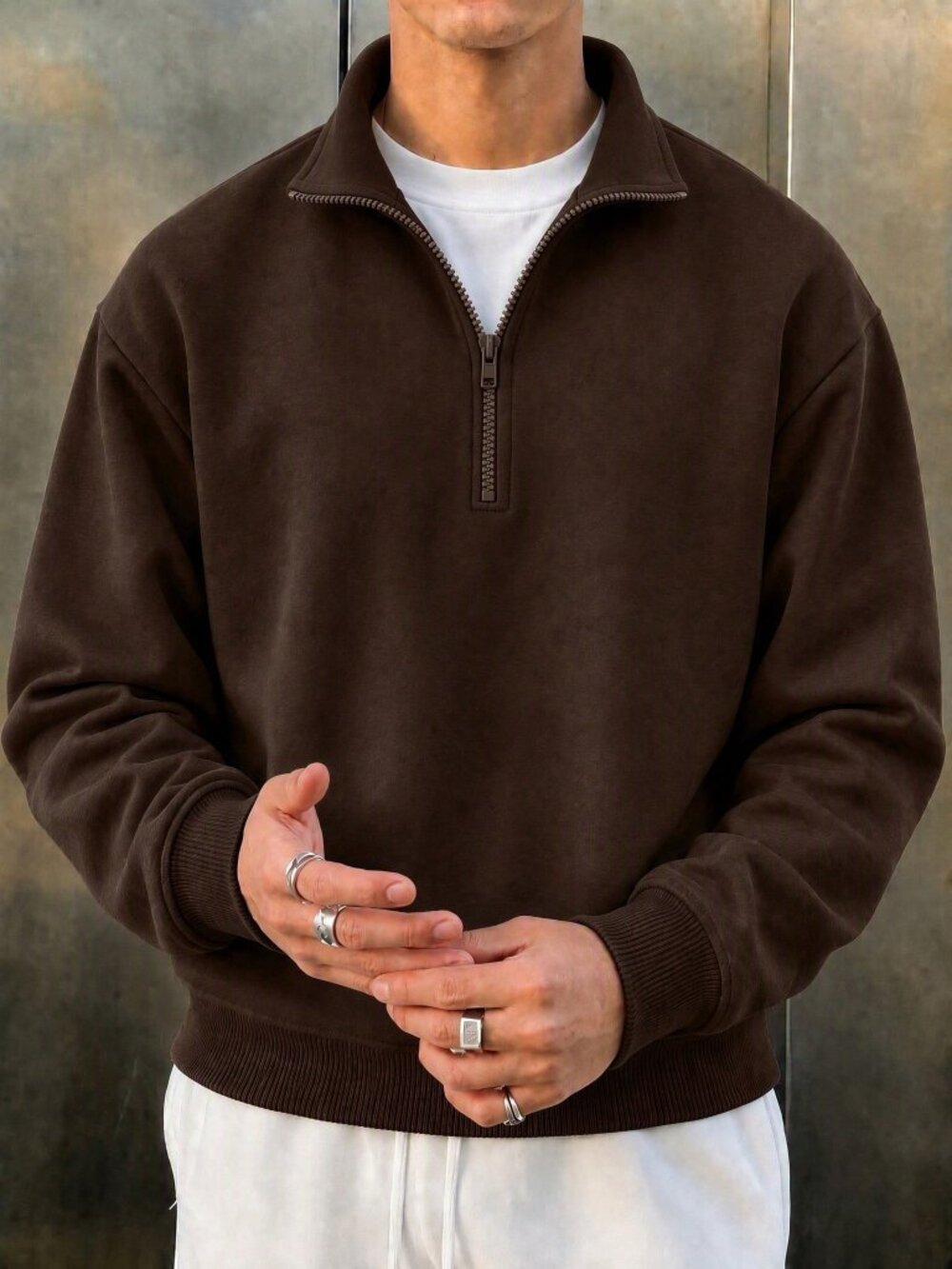 Brown Casual Men's Zip-Up Collar Drop Shoulder Loose Pullover Sweatshirt